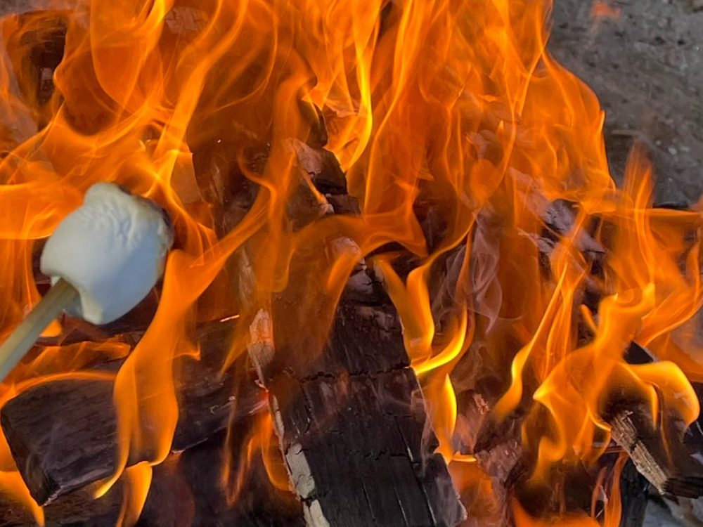 キャンプファイヤーでマシュマロを焼いている写真