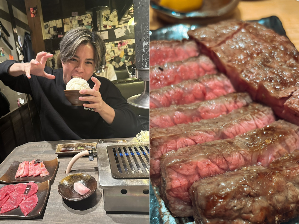 肉を美味しそうに食べる男性トレーナーの写真