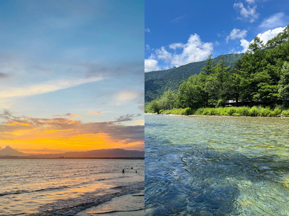江ノ島のサンセット(左) 上高地の川(右）