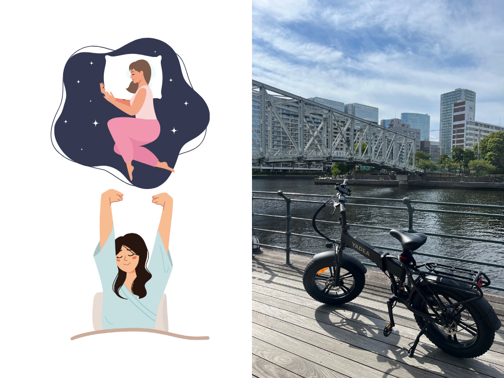 自転車、起床、睡眠のイラスト
