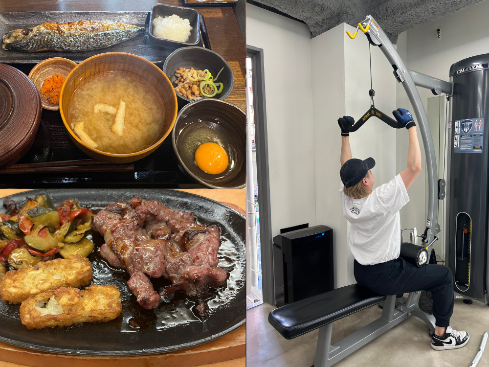 魚定食とステーキ、トレーニングをしている男性の写真