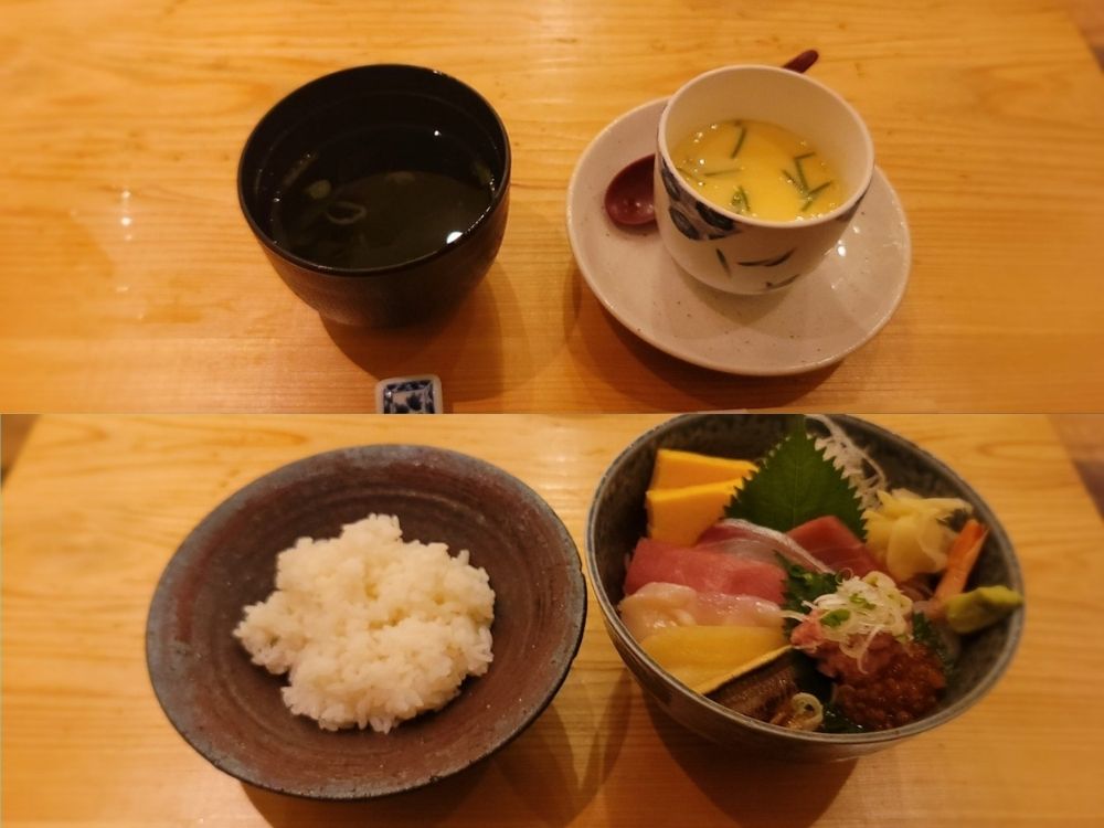 上：茶碗蒸しと味噌汁の画像 下：海鮮丼の画像