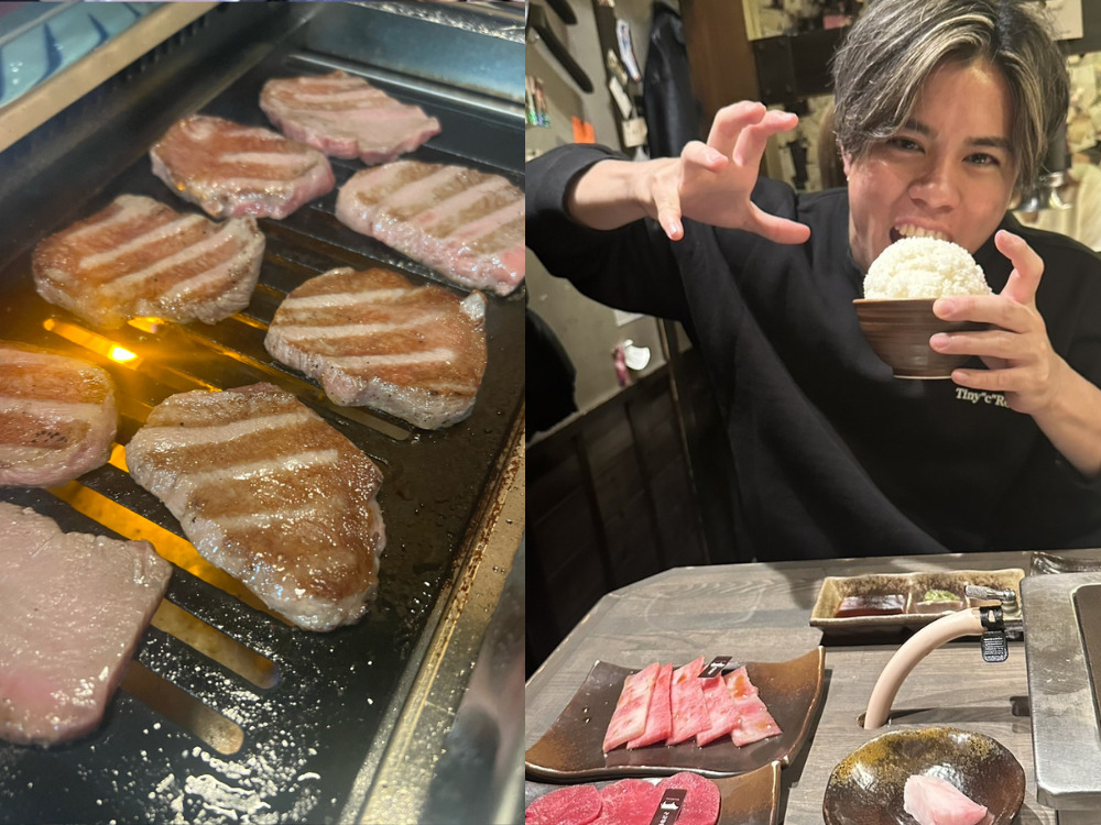 焼肉と楽しんでいる男性の写真