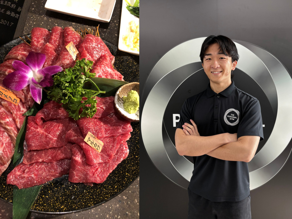 美味しそうな肉と西田トレーナーの写真