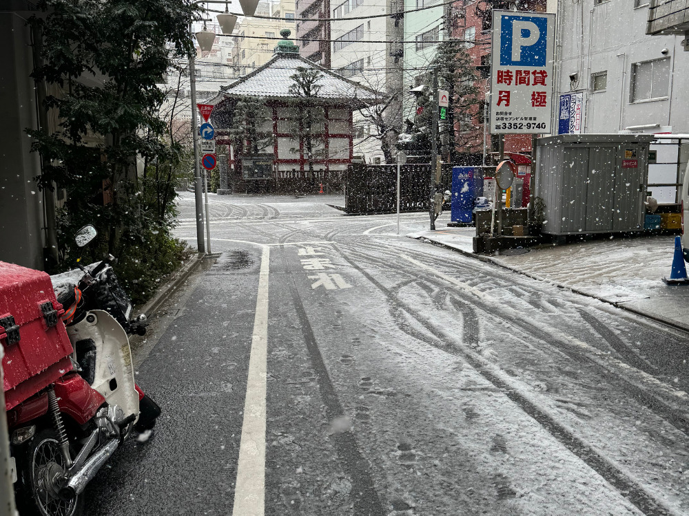新宿で雪が降っている写真
