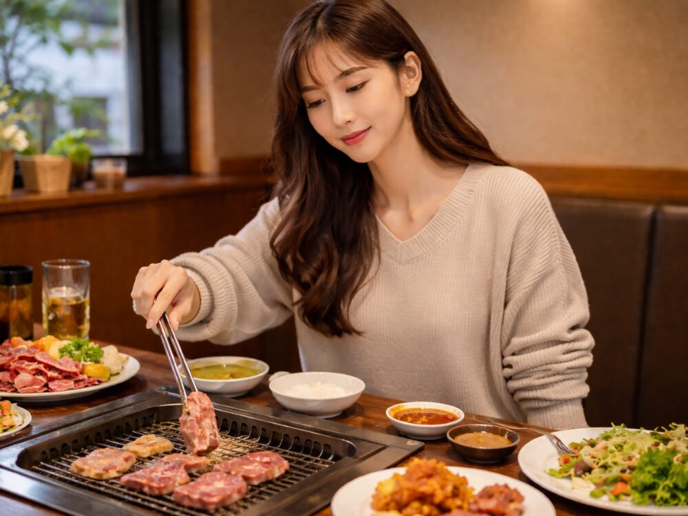 女性が焼肉を食べている画像