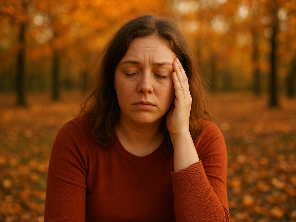 紅葉の中で悩んでいる女性の画像