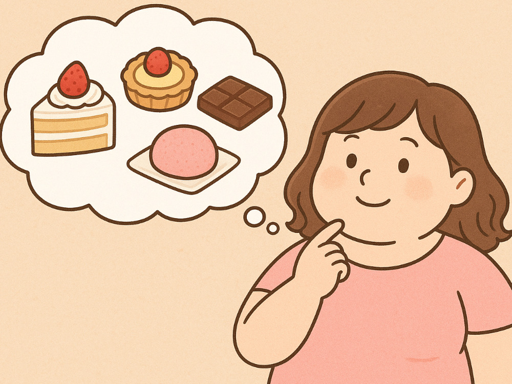 お菓子のことを考えるふくよかな女性の写真