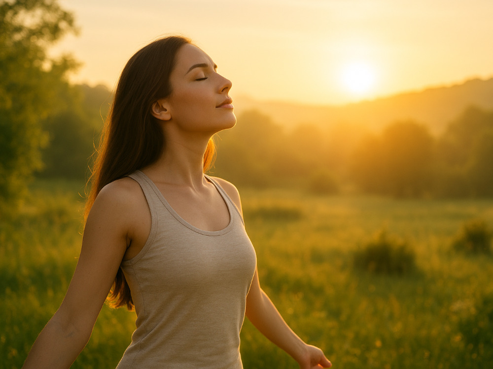 自然で朝日を浴びている女性の写真