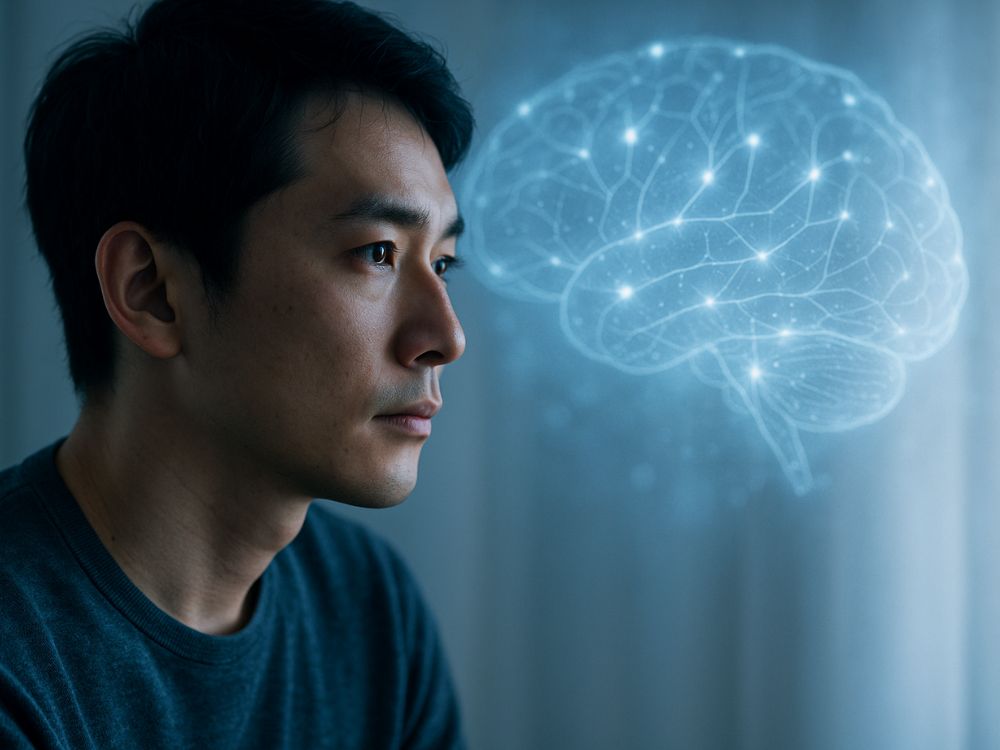 男性と脳内ニューロンのイメージ画像