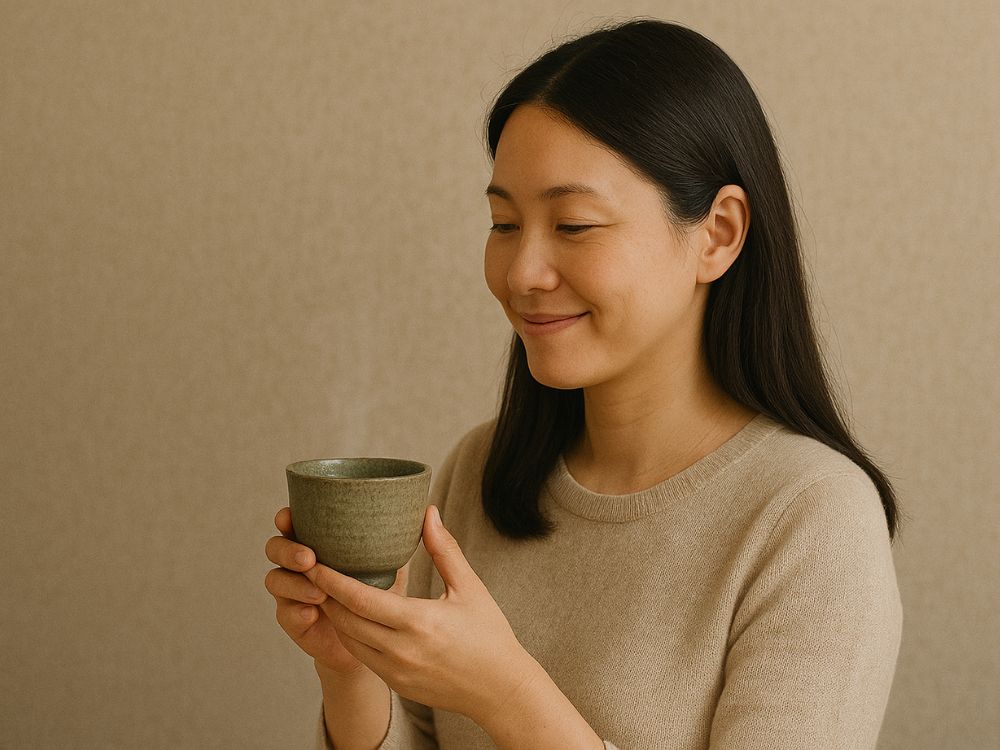 お茶を飲む女性の画像