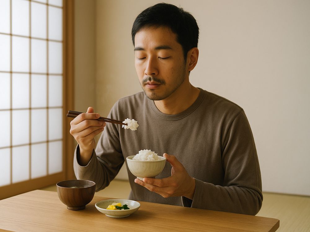 食事瞑想を行う男性