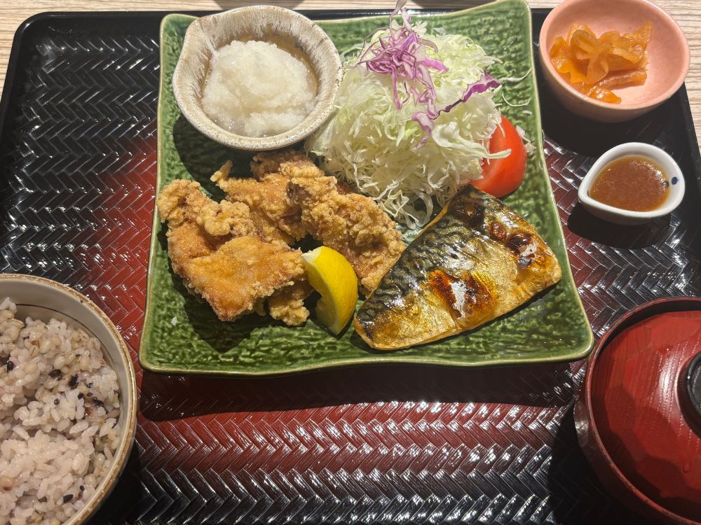 鯖の炭火焼きと唐揚げの定食