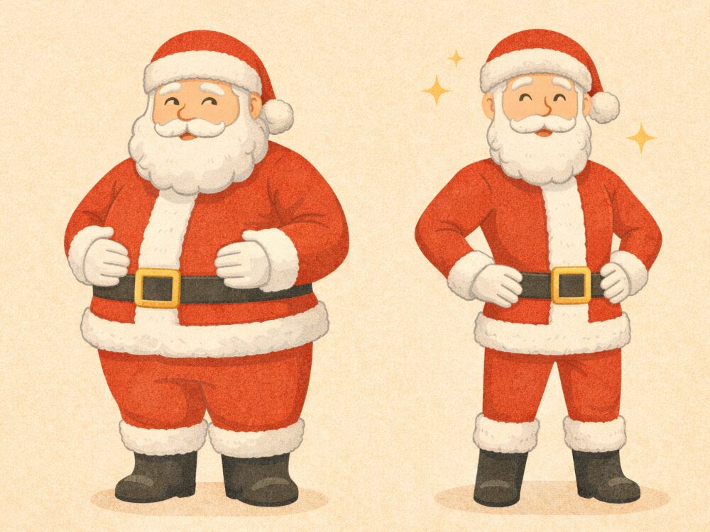 太っているサンタと痩せせているサンタの画像