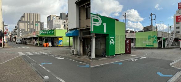 服部パーキングがある交差点を右に曲がり、少し進んですぐに左に曲がります。