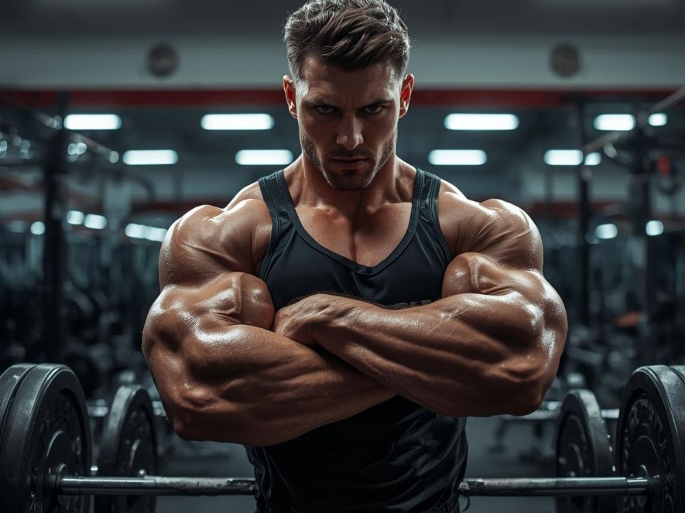 筋肉ある人が腕組んでいる