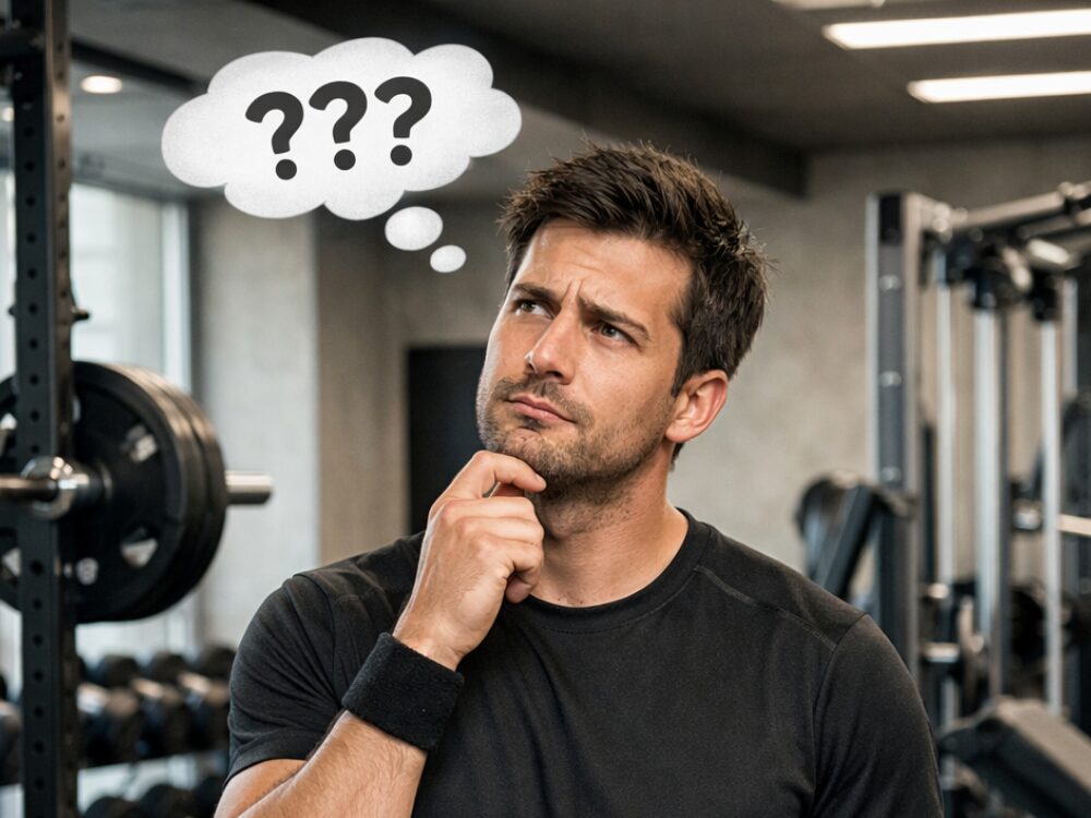 悩んでいるマッチョの男性の画像
