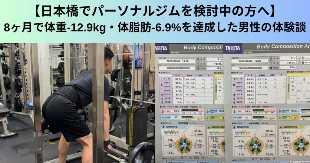 【日本橋でパーソナルジムを検討中の方へ】8ヶ月で体重-12.9kg・体脂肪-6.9%を達成した男性の体験談