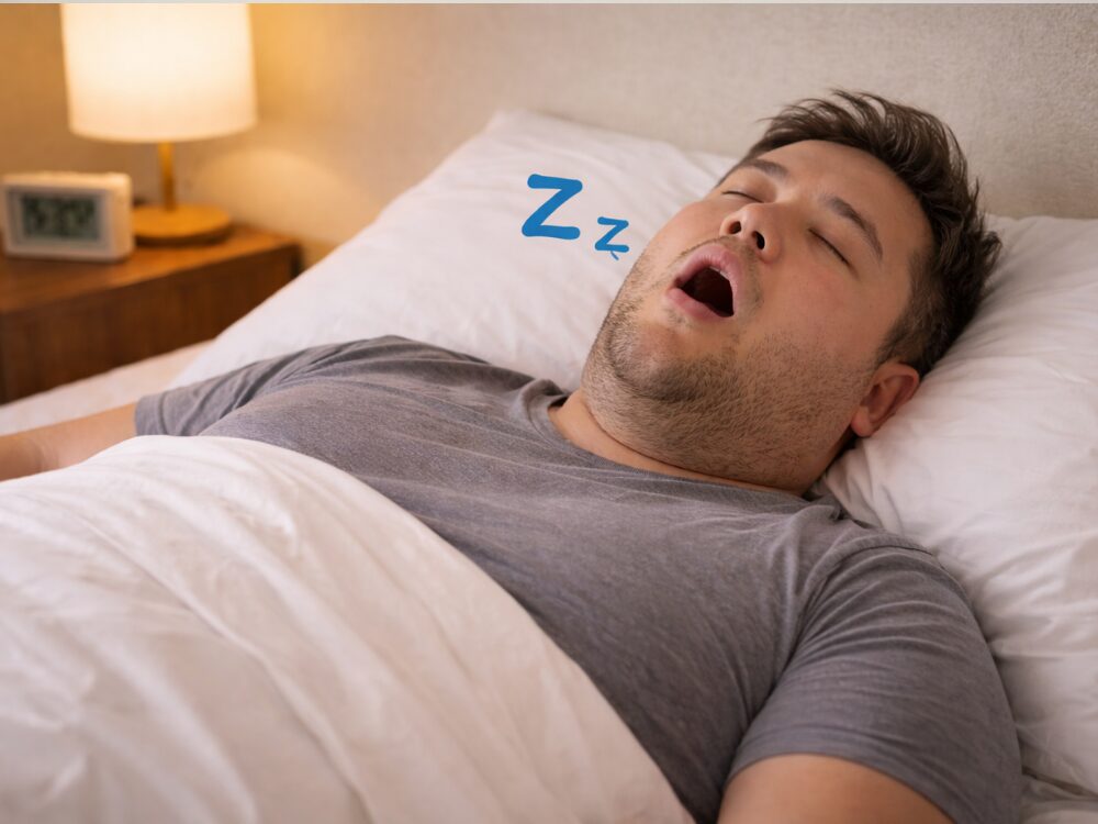 いびきをしながら寝ている肥満男性の画像