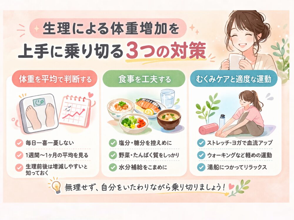 生理による体重増加を上手に乗り切る対策をまとめた画像
