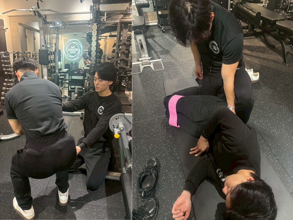 左　スクワットフォームチェック、右　クラムシェル