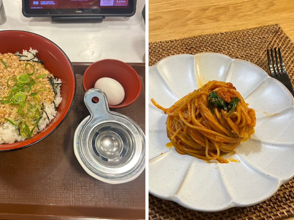 すき家のとりそぼろ丼と筋肉飯のパスタの写真