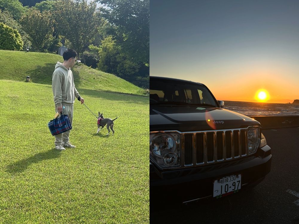 犬の散歩をしている人と海沿いの車の写真