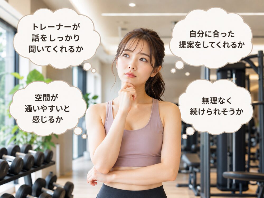 無料体験で確認したいポイントを考えるフィットネス女性のイメージ画像