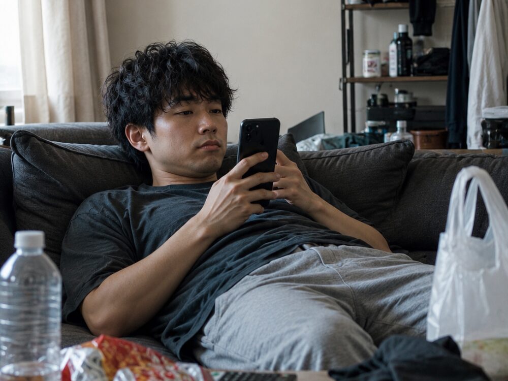 スマホを部屋でいじる男性