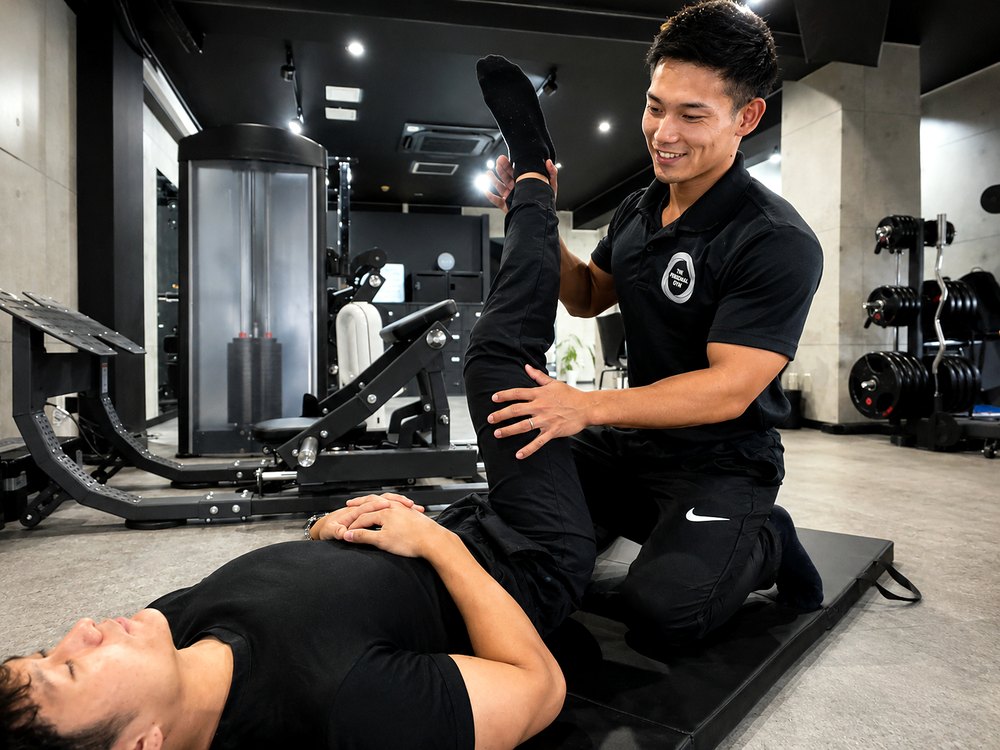 薬院 パーソナルジムのTHE PERSONAL GYM薬院店でトレーナーが笑顔でお客様のストレッチをサポートしている様子