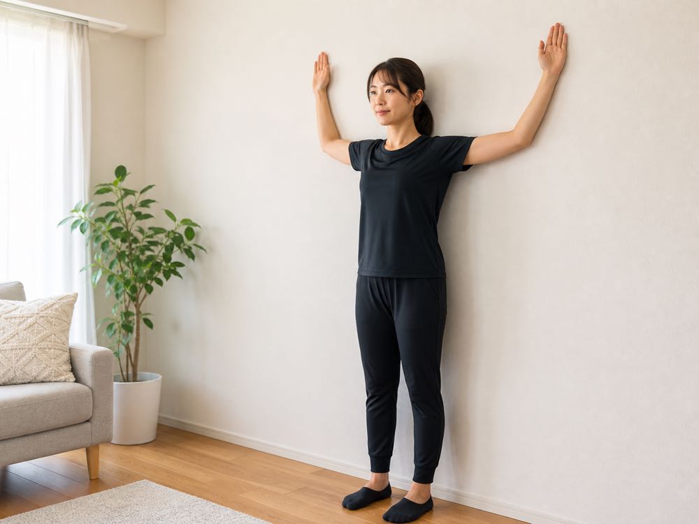 明るい室内の壁に背をつけ、両腕を上げて肩甲骨まわりを動かす黒いウェアの女性