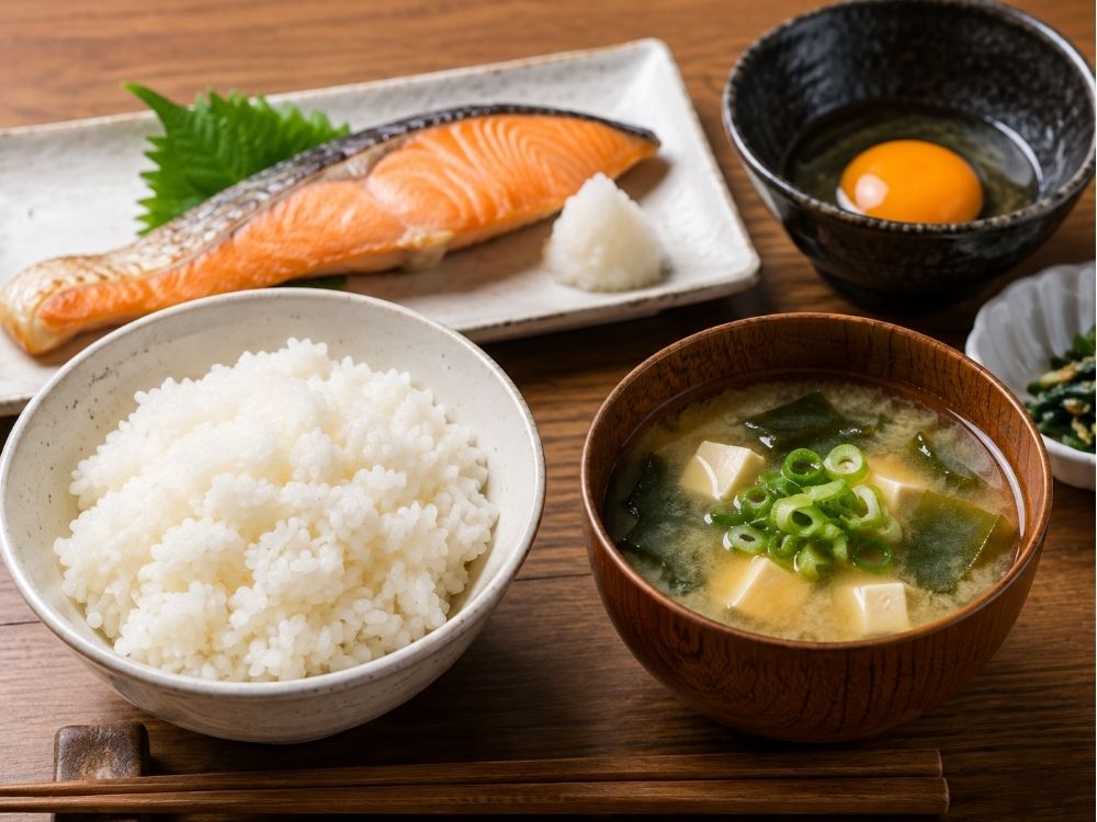鮭・ごはん・卵・味噌汁