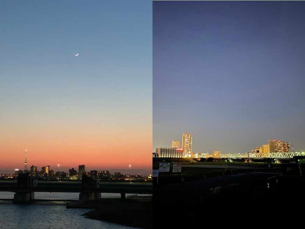 江戸川からみる夕焼けと夜景