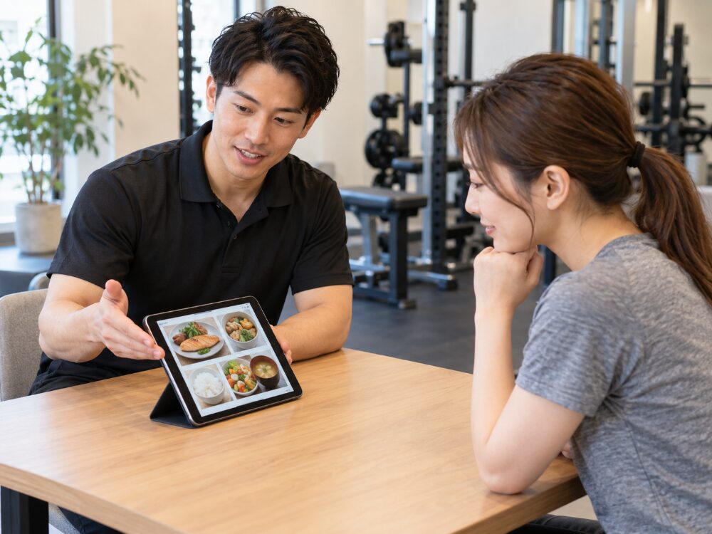 トレーナーと食事写真を見ながら、食事内容について相談するイメージ